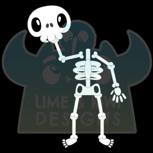 May include: A cartoon skeleton wearing a white skull mask with large black eyes. The skeleton is standing with its right arm raised and its left hand outstretched. The background is a dark green gradient with the text "Lime & Kiwi Designs" in white.