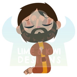 Peut inclure: Une illustration de dessin anim&eacute; d'un homme barbu agenouill&eacute; en pri&egrave;re, les mains jointes. Il a les cheveux bruns et porte une robe brune avec une ceinture jaune. Il est entour&eacute; d'une faible aur&eacute;ole bleue.
