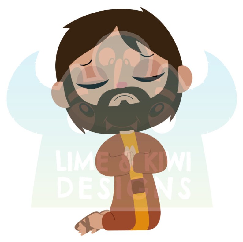Peut inclure: Une illustration de dessin anim&eacute; d'un homme barbu agenouill&eacute; en pri&egrave;re, les mains jointes. Il a les cheveux bruns et porte une robe brune avec une ceinture jaune. Il est entour&eacute; d'une faible aur&eacute;ole bleue.
