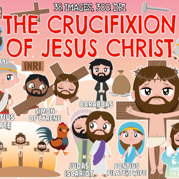 The Crucifixion of Jesus Christ Clipart, Instant Download, Judas Iscariot, Pontius Pilate, Mary Magdalene, Simon of Cyrene, Barabbas, Bible