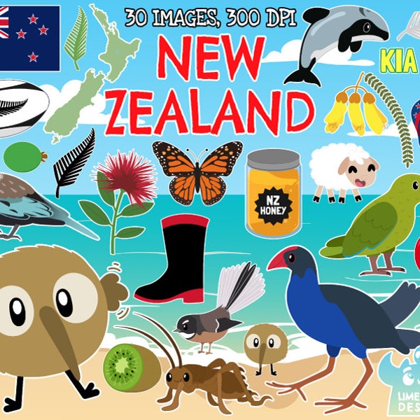 New Zealand/Kiwiana Clipart, Black and White, Digital Stamps, Commercial Use Clip Art, NZ, Kiwi, Tui, Pukeko, Kea, Puhutukawa, BBQ, Gumboot