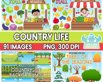 Country Life Clipart Bundle 1, Countryside Background, Fruit Stall, Vegetable Stall, Country life clipart, Farm animals clipart, Barn, Field