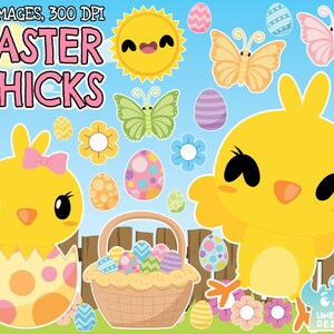 May include: A set of 28 Easter chick clip art images. The images include yellow chicks, butterflies, flowers, eggs, and a basket of eggs. The text "Easter Chicks" is at the top of the image.