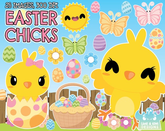 Easter Chicks Clipart, Black and White, Digital Stamps, Butterfly, Flower, Easter Egg, Spring, Chicken, Hen, Egg Basket, Sun, Bow Cute Chick