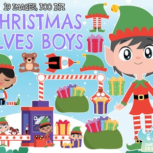 Chłopcy Elfy Bożonarodzeniowe Clipart, Czarno-Białe, Znaczki Cyfrowe, Komercyjne Clipart, Biegun Północny, Warsztat Świętego Mikołaja, Boże Narodzenie, Sanie, Prezenty Elfów
