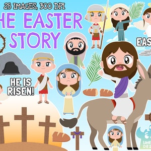 The Easter Story clipart, Black and White, Digital Stamps, Jesus, Donkey, Pontius Pilate, Judas, Mary Magdalene, He is Risen, Thorn crown