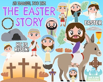 The Easter Story clipart, Black and White, Digital Stamps, Jesus, Donkey, Pontius Pilate, Judas, Mary Magdalene, He is Risen, Thorn crown