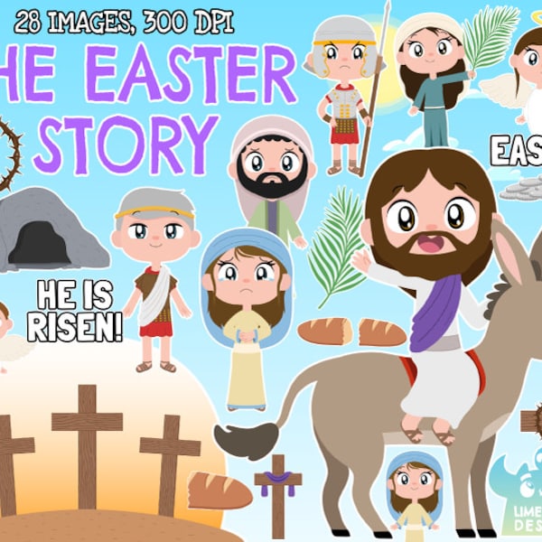 The Easter Story clipart, Black and White, Digital Stamps, Jesus, Donkey, Pontius Pilate, Judas, Mary Magdalene, He is Risen, Thorn crown