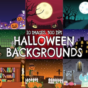 Halloween Backgrounds 1, Black and White, Digital Stamps, Commercial Clip Art, Graveyard, Zombie, Candy, Pumpkin, Jack-o'-lantern, Scarecrow