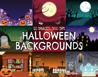 Halloween Backgrounds 1, Black and White, Digital Stamps, Commercial Clip Art, Graveyard, Zombie, Candy, Pumpkin, Jack-o'-lantern, Scarecrow