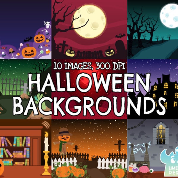 Halloween Backgrounds 1, Instant Download Art, Commercial Use Clip Art, Cimetière, Zombie, Bonbons, Citrouille, Jack-o'-lanterne, Épouvantail