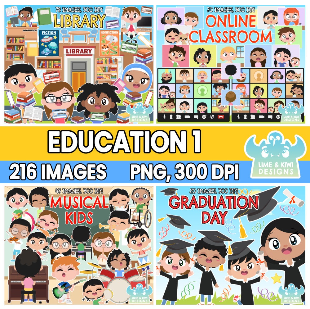 Onderwijs clipart bundel 1, zwart-wit, digitale postzegels, school, schoolkinderen, klaslokaal, online klaslokaal, online leren, leraar