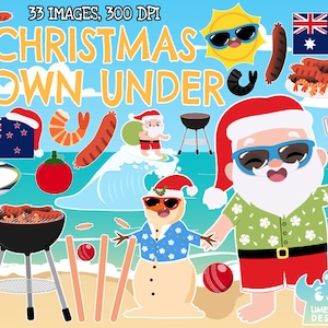 Christmas Down Under Clipart, Black and White, Digital Stamps, Commercial Use Clip Art, BBQ, Australia, New Zealand, Rugby, Cricket, Surfing