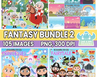 Fantasy Clipart Bundle 2, Fairytale, Cute Princesses, Knights, Dragons, Mythical Backgrounds, Pirate, Wizard, Castle, Flower, Rainbow, Witch