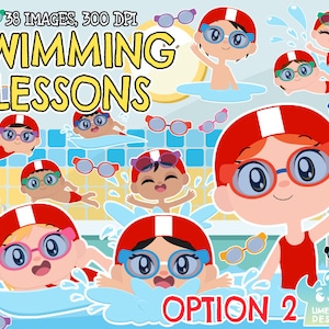 Swimming Lessons (Option 2) Clipart, Black and White, Digital Stamps, Swimming Pool, Swimming Goggles, Breaststroke, Overarm, School Kids