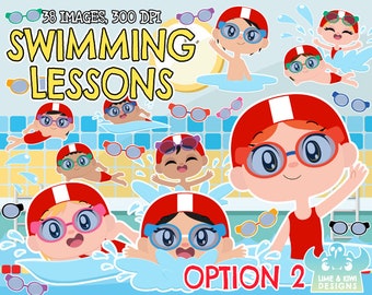 Swimming Lessons (Option 2) Clipart, Black and White, Digital Stamps, Swimming Pool, Swimming Goggles, Breaststroke, Overarm, School Kids