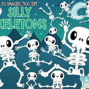 May include: 20 images of silly cartoon skeletons in various poses against a blue and green background with white snow and a moon. The text "Silly Skeletons" is at the top of the image.
