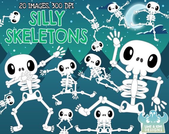 Silly Skeletons Clipart, Black and White, Digital Stamps, Commercial Clip Art, Skull, Halloween, Bones, Human body, Ribcage, Arms Legs Hands