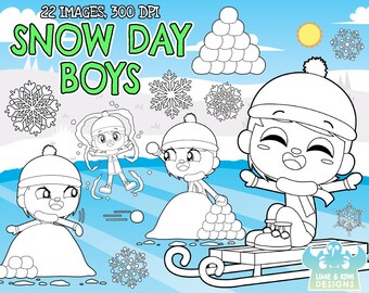 Snow Day Boys Digital Stamps Clipart, Instant Download, Winter, Christmas, Snowflake, Sleigh, Snowball, Xmas, Snow angel, Snowball, Snowfall