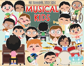 Musical Kids clipart, Black and White, Digital Stamps, Piano, Keyboard, Trumpet, Saxophone, Guitar, Ukulele, Drums, Flute, Violin, Triangle