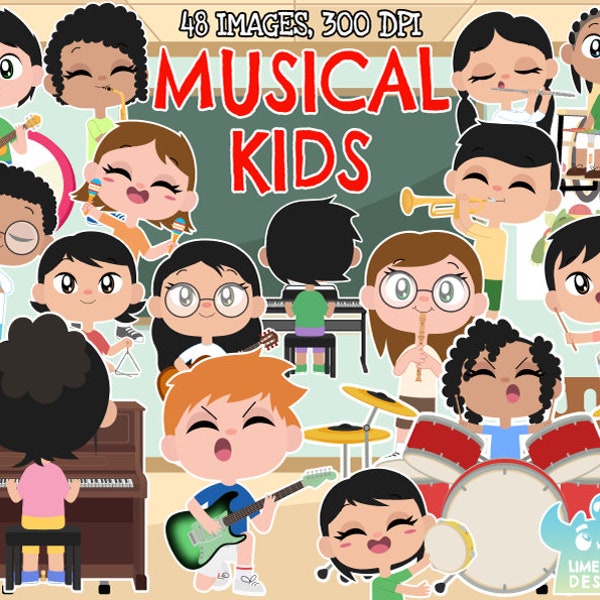 Musical Kids clipart, Black and White, Digital Stamps, Piano, Keyboard, Trumpet, Saxophone, Guitar, Ukulele, Drums, Flute, Violin, Triangle