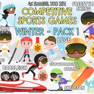 May include: Illustration of 46 winter sports characters, including skiers, snowboarders, bobsledders, and ice skaters. The illustration includes the text "46 Images, 300 DPI", "Competitive Sports Games", "Winter - Pack 1", "Alpine Skiing", "Freestyle Skiing", "Biathlon", "Ski Jumping", "Bobsleigh", "Luge", "Snowboarding", "Curling", and "Skeleton".