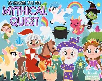 Mythical Quest Clipart, Black and White, Digital Stamps, Knight, Princess, Wizard, Dragon, Fairy, Castle, Mermaid, Unicorn, Pegasus, Magic