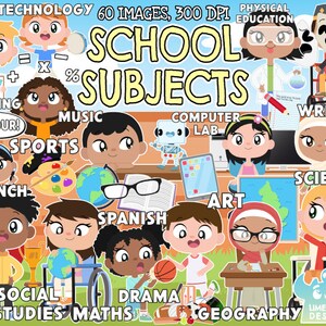 K&ouml;nnte beinhalten: Bunt illustrierte Darstellung von 60 Schulf&auml;chern mit Comic-Kindern. Die F&auml;cher umfassen Lesen, Musik, Sport, Informatikraum, Schreiben, Naturwissenschaften, Kunst, Spanisch, Sozialkunde, Mathematik, Schauspiel und Geographie.
