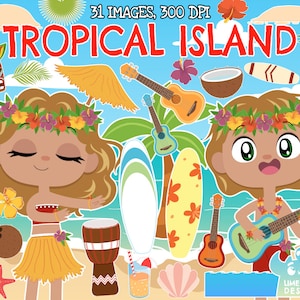 Puede incluir: Un conjunto de 31 ilustraciones digitales con temática de isla tropical. Las ilustraciones incluyen una chica hula, un chico tocando el ukelele, palmeras, cocos, tablas de surf, flores y más.