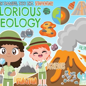 Glorious Geology Clipart, Black and White, Digital Stamps, Volcano, Fossil , Magma, Earth, Rock, Crystal, Stone, Mountains, Lava, Mineral