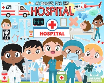 Hospital Clipart, Black and White, Digital Stamps, Ambulance, Helicopter, Doctor, Nurse, Paramedic, Surgeon, X-ray, Mask, Gloves, Patient