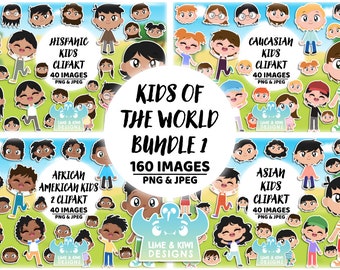 Kids of the World Clipart Bundle 1, Caucasian Kids, African American Kids, Hispanic Kids, Asian Kids, Children, School, Education Girls Boys