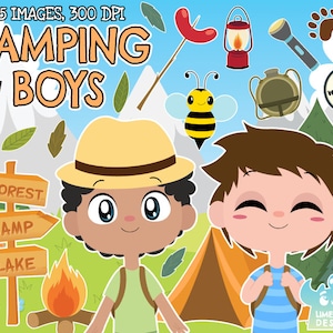Camping Boys Clipart, Black and White, Digital Stamps, Outdoors, Bear, Bee, Mountains, Lantern, Campfire, Adventure, Campfire, Marshmallow