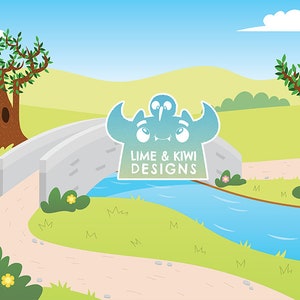 Puede incluir: Una ilustraci&oacute;n de dibujos animados de un monstruo azul y verde con el texto "LIME & KIWI DESIGNS" debajo. El monstruo est&aacute; de pie sobre un puente de piedra sobre un r&iacute;o azul. La escena est&aacute; ambientada en un campo verde con &aacute;rboles y flores.