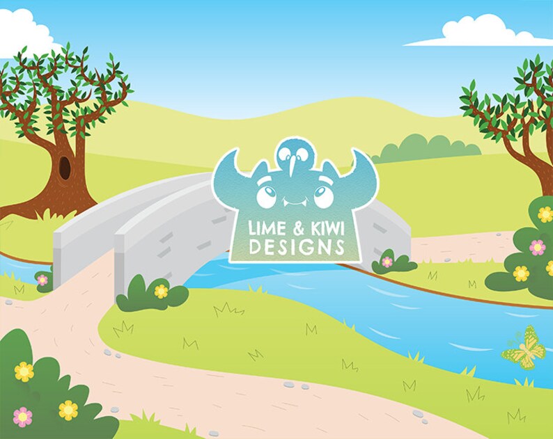 Puede incluir: Una ilustraci&oacute;n de dibujos animados de un monstruo azul y verde con el texto "LIME & KIWI DESIGNS" debajo. El monstruo est&aacute; de pie sobre un puente de piedra sobre un r&iacute;o azul. La escena est&aacute; ambientada en un campo verde con &aacute;rboles y flores.