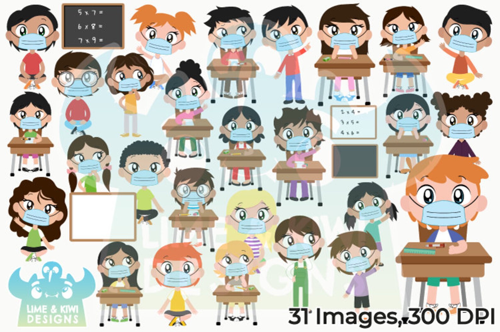 School Kids With Face Masks Clipart Instant Download Vector Etsy UK