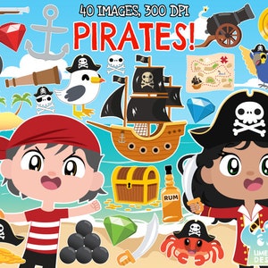 Pirates Clipart, Black and White, Digital Stamps, Caribbean, Pirate ship, Rum, Crab, Seagull, Cannon, Treasure, Gem, Gold Parrot Jolly roger