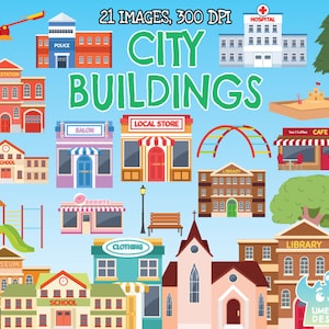 City Buildings/Town Buildings Clipart, Instant Download, Park, Play area, Library, Hospital, Fire station, Urban, Suburbs, Playground