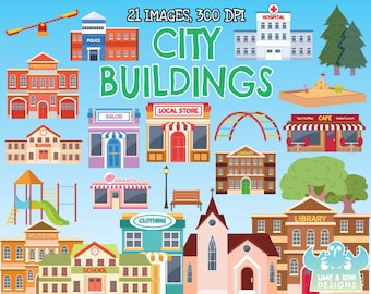 City Buildings/Town Buildings Clipart, Instant Download, Park, Play area, Library, Hospital, Fire station, Urban, Suburbs, Playground