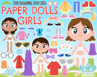 Paper Dolls - Girls clipart, Instant Download Art, Casual clothes, Summer clothes, Winter clothes Spring clothes Cold weather clothes