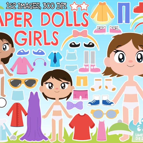 Paper Dolls - Girls clipart, Instant Download Art, Casual clothes, Summer clothes, Winter clothes Spring clothes Cold weather clothes