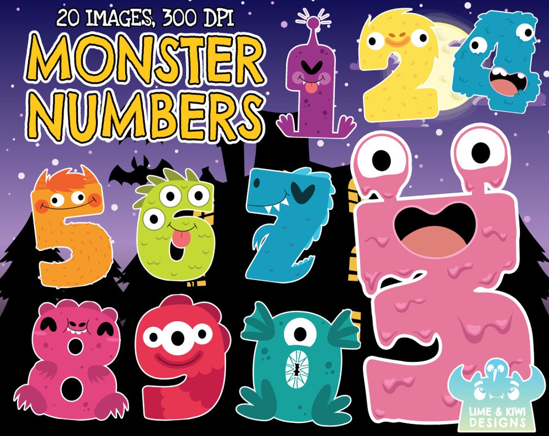 Monster Numbers Clipart, Black and White, Digital Stamps, Commercial