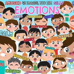 Emotions Clipart, Black and White, Digital Stamps, Commercial, Facial Expressions, Kids Faces, Happy, Angry, Silly, Nervous, Body language