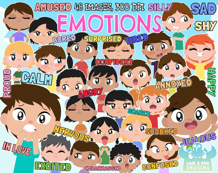Emotions Clipart, Black and White, Digital Stamps, Commercial, Facial Expressions, Kids Faces, Happy, Angry, Silly, Nervous, Body language