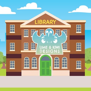 May include: A brown brick building with a green door and the words "LIBRARY" and "LIME & KIWI DESIGNS" above the door. The building is surrounded by green grass and trees.