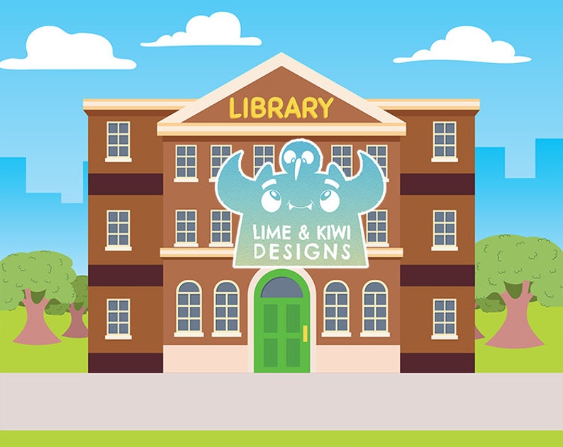 May include: A brown brick building with a green door and the words "LIBRARY" and "LIME & KIWI DESIGNS" above the door. The building is surrounded by green grass and trees.