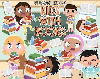 Kids With Books Clipart, Black and White, Digital Stamps, Learning, School, Education, Children, Stack of Books, Kids Reading, Caucasian