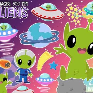 May include: A set of 21 digital illustrations featuring cute cartoon aliens, spaceships, planets, stars, and comets. The illustrations are in a bright, colorful style and are perfect for use in a variety of creative projects.