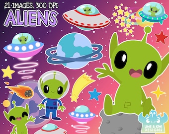 Aliens Clipart, Instant Download, Space, Spaceship, UFO, Flying saucer, Planet, Stars, Little Green Men, Extra-terrestrial, Space rock Comet