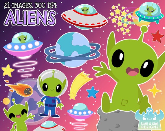 Aliens Clipart, Black and White, Digital Stamps, Space, Spaceship, UFO, Flying saucer, Planet, Stars, Little Green Men, Extra-terrestrial